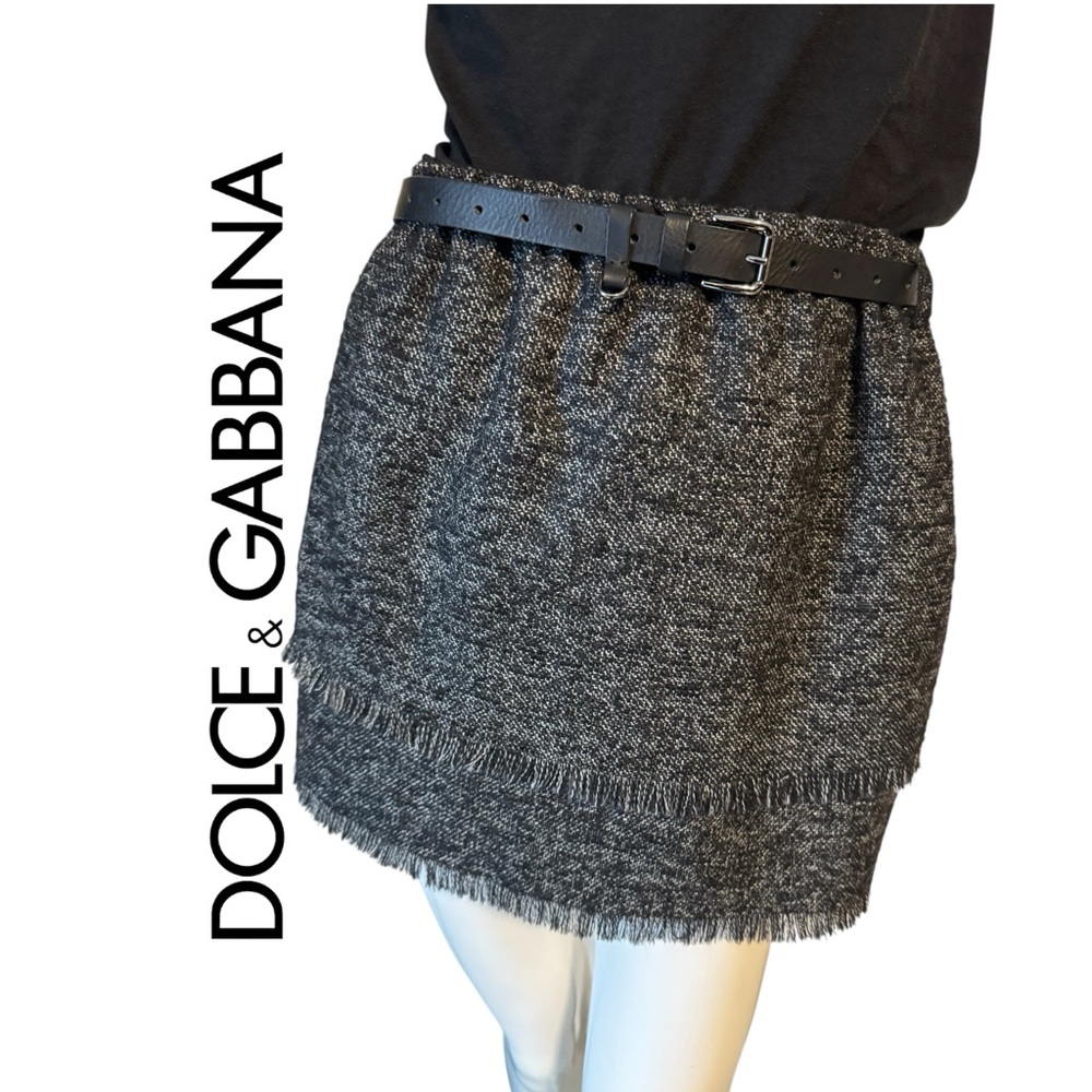 Dolce & Gabbana Black & Gray Tweed Fringe Mini Skirt